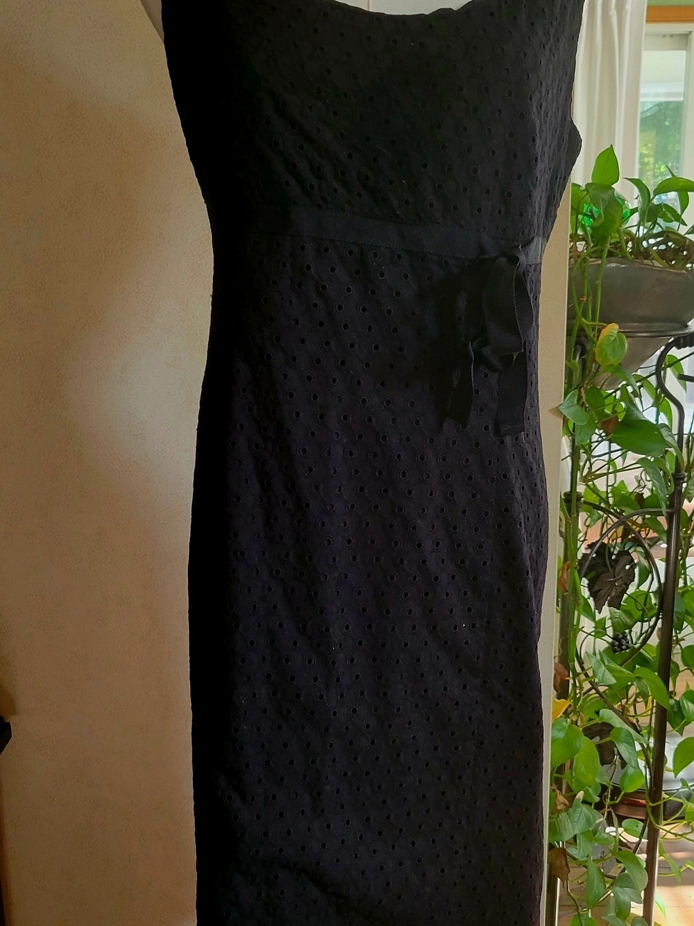Ann Taylor Black Eyelet Midi Dress with Waist Tie